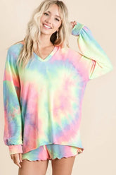 BiBi Tie Dye French Terry Top With Balloon Sleeves PASTEL TIEDYE Trendsi