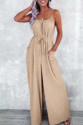 Casual Spaghetti Strap Wide Leg Jumpsuit with Pockets Tan OutfitFlow
