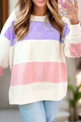 Color Block Round Neck Long Sleeve Sweatshirt White OutfitFlow
