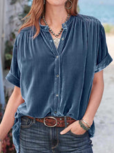 Ruched Round Neck Short Sleeve Shirt Dusty Blue OutfitFlow