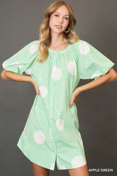 Umgee Stripe and Dot Print Button Down Puff Sleeve Mini Dress APPLE GREEN OutfitFlow