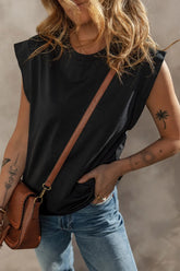 Cuffed Armhole Loose Top Black OutfitFlow