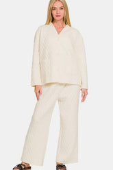 Zenana Quilted Button Up Long Sleeve Top and Pants Lounge Set Cream OutfitFlow