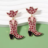 Rhinestone Cowboy Boot Dangle Earrings Rose Red onesize OutfitFlow