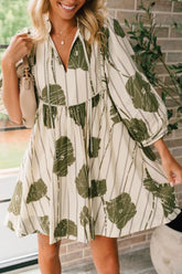 Printed Tie Neck Three-Quarter Sleeve Mini Dress Matcha Green OutfitFlow