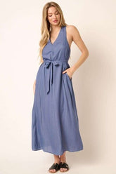 Mittoshop Cross Back Belted V Neck Tank Maxi Dress Dusty Blue OutfitFlow