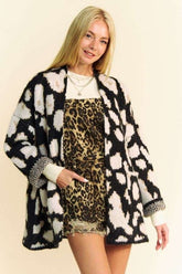 Davi & Dani Leopard Open Front Long Sleeve Cardigan Black OutfitFlow