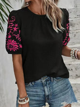 Embroidered Round Neck Short Sleeve Blouse Black OutfitFlow