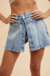 Annie Wear Button Detail Stretch Denim Wrap Mini Skort MEDIUM WASHED DENIM OutfitFlow