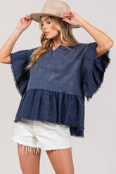 SAGE + FIG Ruffle Sleeve Washed Short Sleeve Blouse Navy OutfitFlow