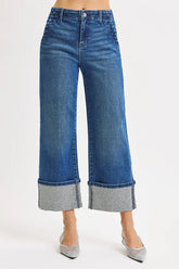 RISEN High Rise Ankle Wide Rhine Stone Cuffed Jeans DARK OutfitFlow