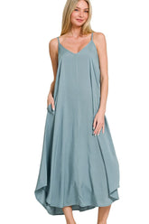 Zenana Woven Arc Hem Cami Dress With Flowy Pockets BLUE GREY OutfitFlow