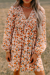 Smocked Printed V-Neck Long Sleeve Dress Floral OutfitFlow
