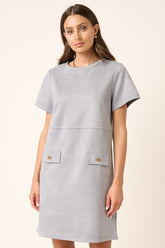 Mittoshop Suede Short Sleeve Mini Dress Dusty Blue OutfitFlow