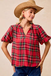 BiBi Christmas Plaid Short Sleeves Ruffled Blouse RED PLAID OutfitFlow