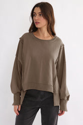 Exposed Seam High-Low Long Sleeve Sweatshirt Taupe One Size OutfitFlow