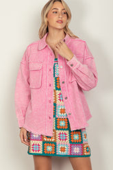 VERY J Full Size Button Up Raw Hem Long Sleeve Jacket PINK OutfitFlow