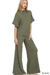 Zenana Mock Neck Top and Pants Sweater Set DK OLIVE OutfitFlow