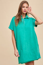 Annie Wear Mineral Washed Johnny Collar Short Sleeve Dress Turquoise OutfitFlow