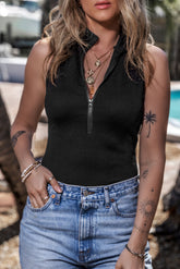 Zip Up Mock Neck Sleeveless Bodysuit Black OutfitFlow