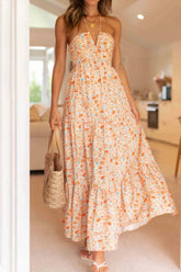 Tiered Halter Neck Printed Cami Dress Tangerine OutfitFlow