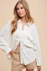 Annie Wear Openwork Button Down Drop Shoulder Shirt Ivory OutfitFlow