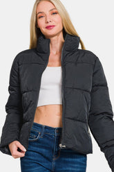 Zenana Zip Up Turtleneck Puffer Jacket with Pockets Black OutfitFlow