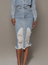 Distressed Slit Denim Skirt Light OutfitFlow
