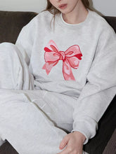 Bow Graphic Round Neck Long Sleeve Sweatshirt Light Gray OutfitFlow
