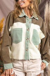 Pocketed Color Block Collared Neck Jacket Sage OutfitFlow