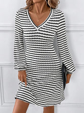 Striped V-Neck Long Sleeve Dress Black OutfitFlow
