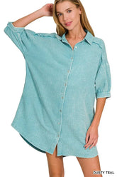 Zenana Washed Double Gauze Button Down Shirt Dress DUSTY TEAL OutfitFlow