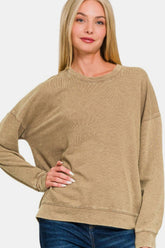 Zenana Washed Round Neck Dropped Shoulder Sweatshirt Camel OutfitFlow