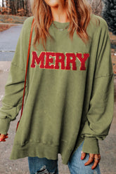 MERRY Side Slit Long Sleeve Sweatshirt Moss OutfitFlow