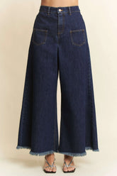 Davi & Dani Patch Pocket Wide Leg Culotte Jeans DARK DENIM OutfitFlow