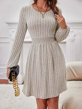 Smocked Round Neck Long Sleeve Knee Length Dress Dust Storm OutfitFlow