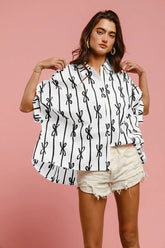 BiBi Bow Ribbon Woven Printed Button Down Shirt OFF WHITE BLACK OutfitFlow