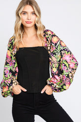 ODDI Full Size Floral Balloon Sleeve Blouse Black OutfitFlow