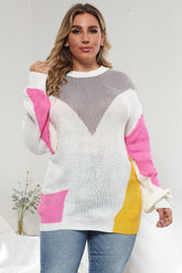 Plus Size Color Block Round Neck Sweater White OutfitFlow