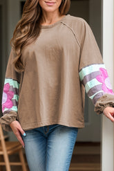 Plus Size Flower Round Neck Long Sleeve Blouse Camel OutfitFlow