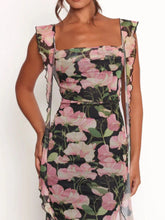 Floral Print Ruffle Trim Bodycon Maxi Dress Green OutfitFlow