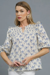 Umgee Ruffled Bow Print Notched Blouse Royal Blue OutfitFlow