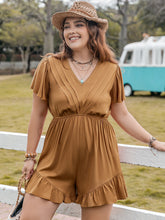 Plus Size Ruffled V-Neck Short Sleeve Romper Caramel OutfitFlow