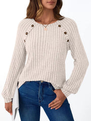 Ribbed Knit Decor Button Long Sleeve T-Shirt OutfitFlow