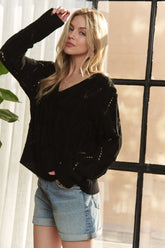 ADORA Loose Fit V Neck Knit Top BLACK OutfitFlow