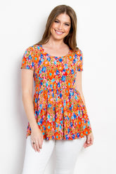 Be Stage Full Size Floral Short Sleeve Babydoll Top Orange OutfitFlow