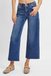 RISEN Raw Hem Wide Leg Cropped Jeans Dark OutfitFlow