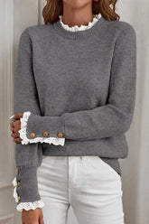 Lace Trim Mock Neck Sweater Dark Gray OutfitFlow