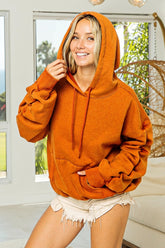 BiBi Ruched Long Sleeve Washed Fleece Hoodie Vintage Rust OutfitFlow