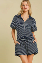 Umgee Full Size Half Zip Striped Romper Plus Size Dark Navy OutfitFlow